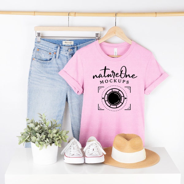 Bella Canvas 3001 Mockup 3001 Heather Bubble Gum Mockup Heather Bubble Gum T-Shirt Mockup Hanging Shirt Lifestyle Mockup Hanger Mock Up