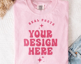Comfort Colors 1717 Blossom Folded T-Shirt Mockup CC 1717 Pink Flatlay Mock Up Tee Real Photo Simple Minimal Trendy Casual Neutral Boho