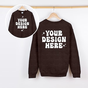 Front and Back Gildan 18000 Dark Chocolate Mockup Sweatshirt Mockup G180 Crewneck Mockup Hanging Hanger Mock Up Simple Neutral Minimalist
