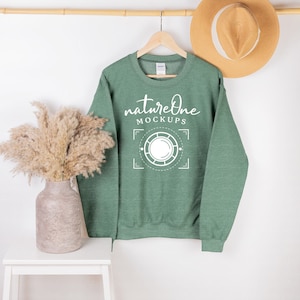 Gildan 18000 Heather Sport Dark Green Sweatshirt Mockup, Boho Hanging G180 Unisex Heavy Blend Crewneck Sweatshirt Hanger Sweater Mockup