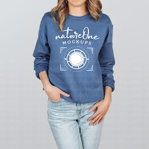 Gildan 18000 Indigo Sweatshirt Model Mockup, Indigo G180 Unisex Crewneck Sweatshirt Model Mock Up Winter