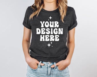 Bella Canvas 3001 Dark Grey Heather T-Shirt Mockup | BC3001 Model Mock Up | Simple Tee TShirt Studio Mock Real Model Mockup Digital Download