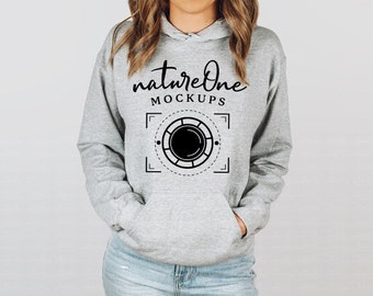 Gildan 18500 Sport Grey Heather Hoodie Sweatshirt Mockup, Grey G185 Unisex Crewneck Sweater Model Mock Up Winter