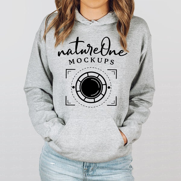 Gildan 18500 Sport Grey Heather Hoodie Sweatshirt Mockup, Grey G185 Unisex Crewneck Sweater Model Mock Up Winter