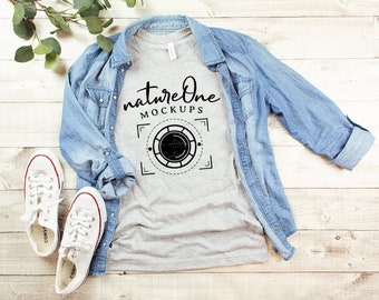 Bella Canvas 3001 Athletic Heather Mockup Summer T-Shirt Mock Up Flat Lay Tee Shirt Mockup Wood Background