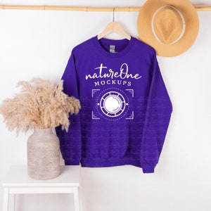 Gildan 18000 Purple Sweatshirt Mockup Boho Hanging G180 Unisex Heavy Blend Crewneck Sweatshirt Hanger Sweater Mock Up