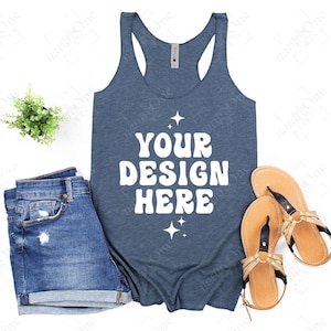 Next Level 6733 Indigo Mockup Womens Racerback Tank Top Mock Up Flatlay Flat Lay Spring Summer Styled Casual Minimal Neutral