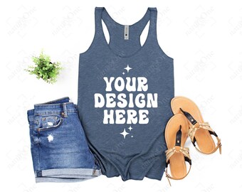 Next Level 6733 Indigo Mockup Womens Racerback Tank Top Mock Up Flatlay Flat Lay Spring Summer Styled Casual Minimal Neutral
