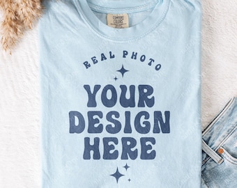 Comfort Colors 1717 Chambray Folded T-Shirt Mockup CC 1717 Blue Flatlay Mock Up Tee Real Photo Simple Minimal Trendy Casual Neutral Boho
