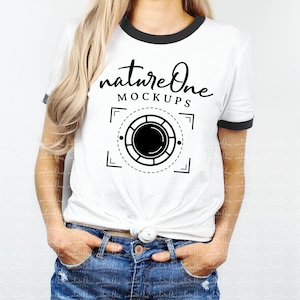 Ringer T-Shirt Mock Up | Unisex Ringer Shirt Model Mockup | White & Black | Ringer Tee Mockup | Blank Unisex Men Women Ringer Tee Display