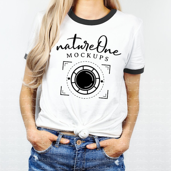 Ringer T-Shirt Mock Up | Unisex Ringer Shirt Model Mockup | White & Black | Ringer Tee Mockup | Blank Unisex Men Women Ringer Tee Display