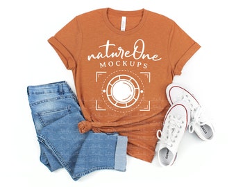 Bella Canvas 3001 Heather Autumn Mockup, Orange T-Shirt Mock Up, Unisex Blank Bella Canvas Flat Lay Styled Mockup on White Background