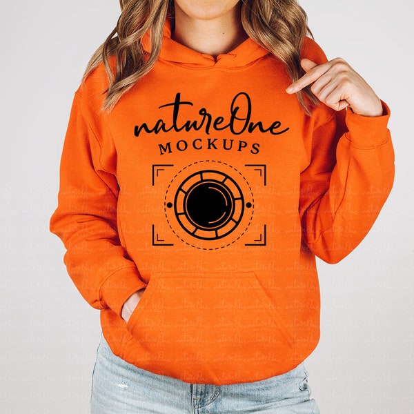 18500 Orange Hoodie Mockup Gildan Orange G185 Hooded Sweatshirt Unisex Crewneck Sweater Model Mock Up Simple Minimal Neutral Winter