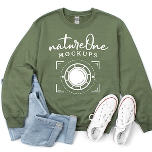 Gildan 18000 Military Green Sweatshirt Mockup, G180 Unisex Heavy Blend Crewneck Sweatshirt Mock Up, Flat Lay Gildan Sweater Mockup