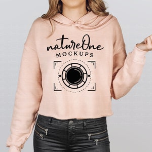 Bella Canvas 7502 Peach Model Mockup, Women&#39;s Cropped Fleece Hoodie Mock Up, Hoodie Mockup, Crop Hoodie Sweatshirt Mockup