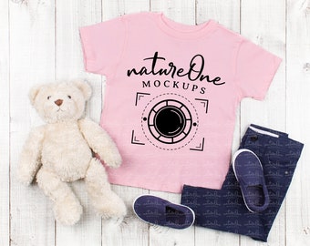 Maqueta de camiseta infantil rosa Bella Canvas 3001T / Maqueta de camiseta unisex para niños pequeños / Vista plana de camiseta para niños