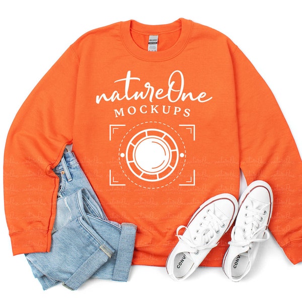 Gildan 18000 Orange Sweatshirt Mockup, G180 Unisex Heavy Blend Crewneck Sweatshirt Mock Up, Flat Lay Gildan Sweater Mockup