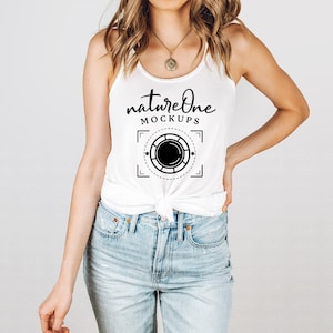 Bella Canvas 8800 White Model Mockup Knotted White Tank Top Mockup Women&#39;s Flowy Racerback White Tank Top Mock Up