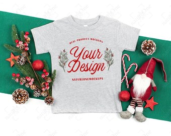 Bella Canvas 3001T Athletic Heather Christmas Toddler T-Shirt Mockup Flatlay Kids Mock Up Flat Lay Boys Girls Tee Festive Holiday X-Mas
