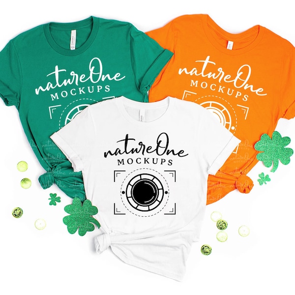 St. Patrick's Day 3001 Kelly, Orange & White Bella Canvas Mockup, Couple Shirt Mockup, Unisex Two T-Shirt Mock Up Flat Lay, Styled Mockup