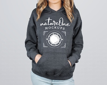 Gildan 18500 Dark Heather Hoodie Sweatshirt Mockup, Grey G185 Unisex Crewneck Sweater Model Mock Up Winter