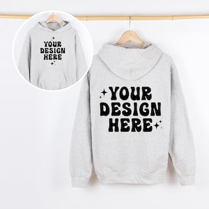 Front and Back Gildan 18500 Ash Mockup Hoodie Mockup G185 Hooded Sweatshirt Mockup Hanging Hanger Mock Up Simple Neutral Minimalist
