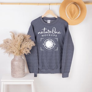 Gildan 18000 Heather Sport Dark Navy Sweatshirt Mockup, Boho Hanging G180 Unisex Heavy Blend Crewneck Sweatshirt Hanger Sweater Mock Up