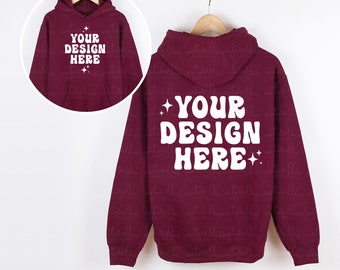 Front and Back Gildan 18500 Maroon Mockup Hoodie Mockup G185 Hooded Sweatshirt Mockup Hanging Hanger Mock Up Simple Neutral Minimalist