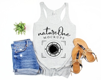 Next Level 6733 Heather White Tank Mock Up, Tank Top Mockup, Womens Racerback Tank Flat Lay, 6733 Spring Summer Styled Tank Top Mockup