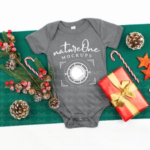 Christmas Bella Canvas 100B Asphalt Toddler Kids Shirt Mockup, Unisex Toddler Bodysuit Mock Up, X-Mas Tee Shirt Flat Lay