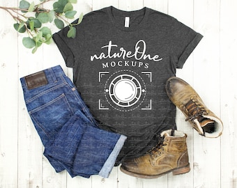 Bella Canvas 3001 Dark Grey Heather Mockup, Travel Nature Hike Hiking Outdoor Mockup, Unisex T-Shirt Mock Up, Flat Lay, Styled Mockup