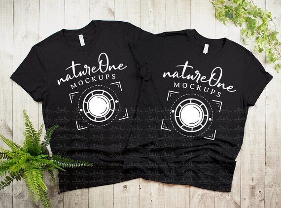 Bella Canvas Family Couple Mockup Bella Canvas 3001 Black Double Mockup Unisex Two T-Shirts Mock Up Flat Lay Wood Background