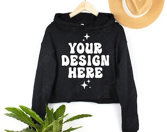 Bella Canvas 7502 Black Mockup | Hanging Women's Cropped Crop Hoodie on Hanger Mock Up | Real Photo Mockup | POD (Digital Download)