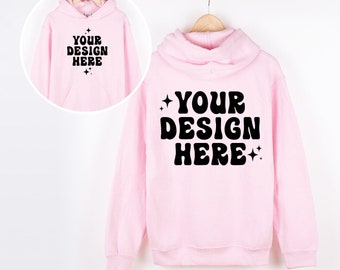 Maqueta de sudadera con capucha Gildan 18500 rosa claro (parte delantera y trasera) Maqueta de sudadera con capucha G185 Maqueta de percha colgante Maqueta de minimalista neutro simple