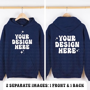 May include: A navy blue hoodie with a white pocket and the text "YOUR DESIGN HERE" on the front and back. The text is in a retro font style.