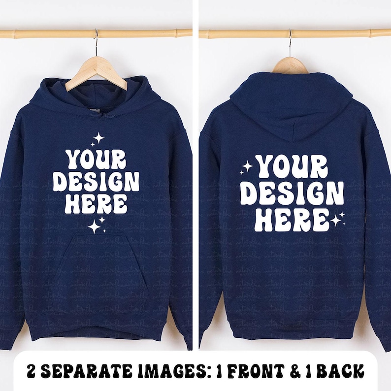 May include: A navy blue hoodie with a white pocket and the text "YOUR DESIGN HERE" on the front and back. The text is in a retro font style.