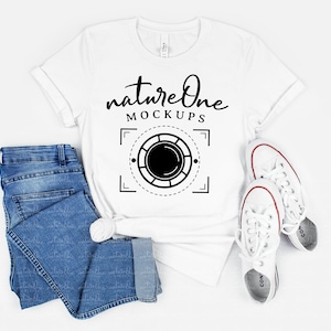 Bella Canvas 3001 White Mockup, Simple White Unisex T-Shirt Mockup, Tee Shirt Styled Lifestyle Mock Up, Minimalistic Simplistic Flat Lay