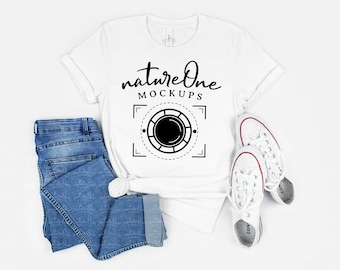 Bella Canvas 3001 White Mockup, Simple White Unisex T-Shirt Mockup, Tee Shirt Styled Lifestyle Mock Up, Minimalistic Simplistic Flat Lay