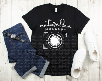 Bella Canvas 3001 Black Mockup, Man T-Shirt Styled Mock Up, Flat Lay Men Lifestyle Shirt Male Masculine Mockup