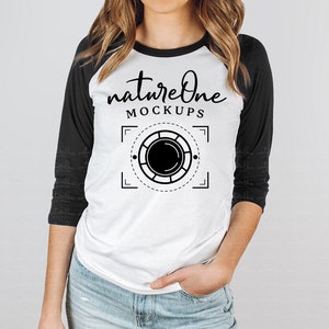 Black & White Raglan Shirt Mockup, Bella Canvas 3200 Mockup, Unisex Black White 3/4 Sleeve Baseball Shirt Model Baseball Tee Studio Mock Up