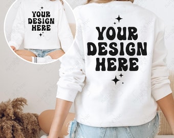 Front & Back Gildan 18000 White Sweatshirt Model Mockup | G180 White Crewneck Sweater Mock Up | Real Photo Mock | Trendy Casual Neutral Boho