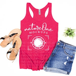 6733 Shocking Pink Next Level Tank Mockup, Womens Racerback Tank Top Flat Lay, 6733 Spring Summer Styled Tank Top Mock Up