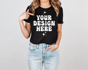 Czarna Bella Canvas 8882 Mockup Krótki T-shirt Model Mock Up Luźny T-shirt z krótkim rękawem Mockup Koszulka T-shirt Model studyjny Mockup