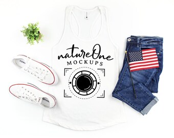 Next Level 1533 White Mock Up Flatlay, Womens Racerback Tank Flat Lay, Patriotic 4th of July Independence Day Styled Mockup