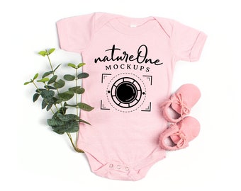 Bella Canvas 100B Pink Bodysuit Mockup, Cute Pink Onesie Baby Flat Lay Mock Up, Flatlay Real Photo Mockup, POD (Digital Download)