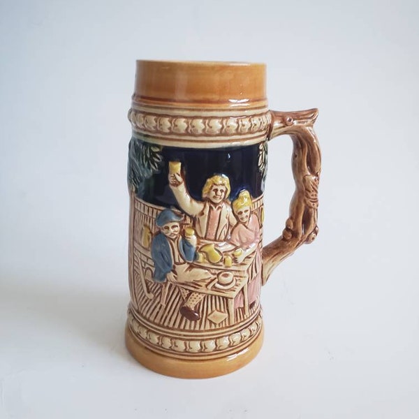 Vintage drinking jug mug tankard stein German drinking scene and saying stammed Japan in bottom