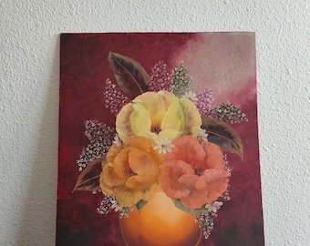 Original Painting On Carton Flowers Floral Vase Signed Large Blooms 