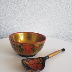 Vintage Russian USSR Folk Art Khokhloma Wooden Handpainted Laquered Bowl and Spoon