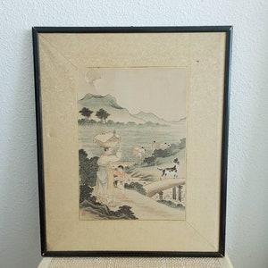 Unique Asian Original Watercolor River People Village Landscape Painting Framed Signed