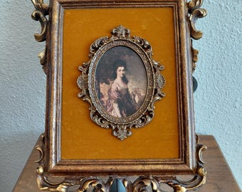 Antique Decor Print On The Velvet With Gold Wooden Rococo Frame